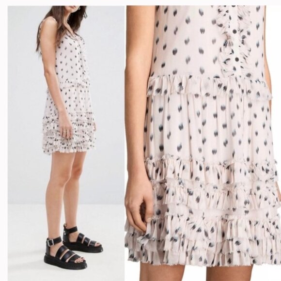 All Saints Deidre Ruffle Sheer Mini Dress Lightweight Print Fairy Ruffles Pink - Picture 7 of 16